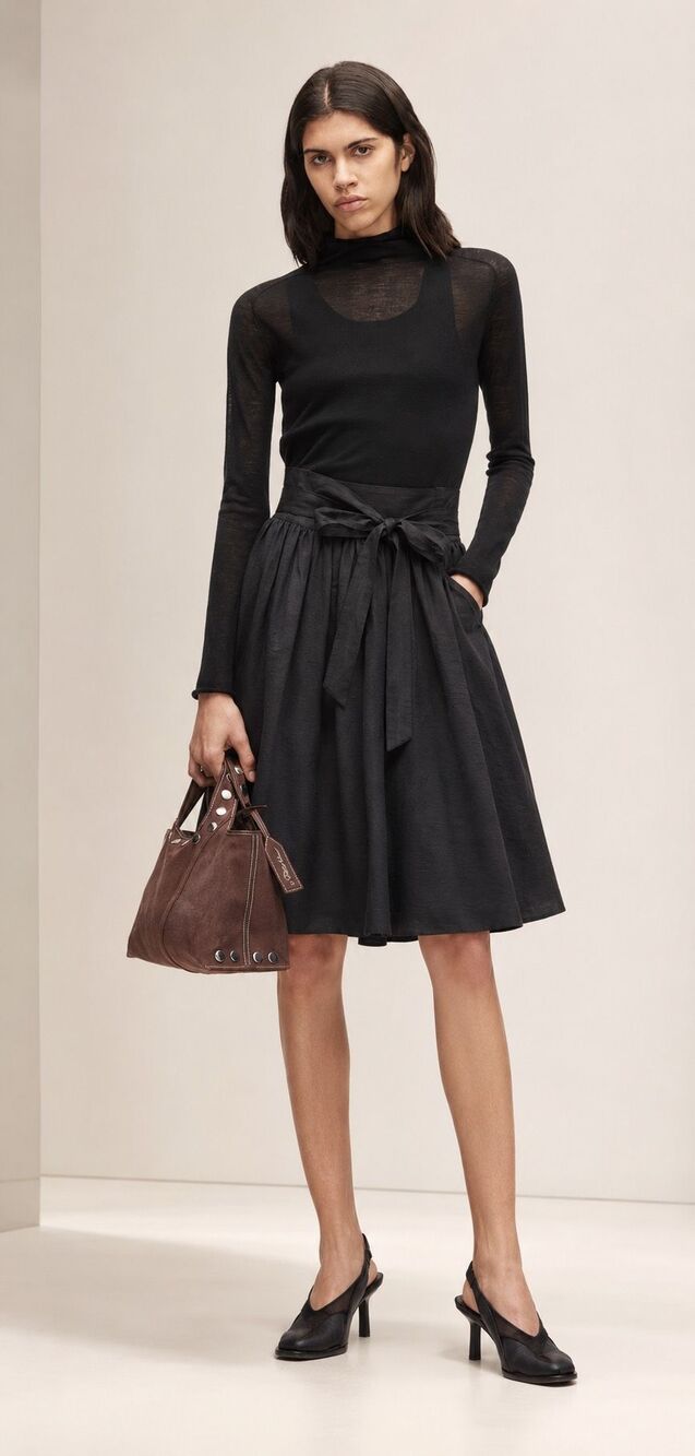 3.1 Phillip Lim Black Silk Cotton Blend Tie-Waist Pleated A-Line Skirt Sz 2, $59